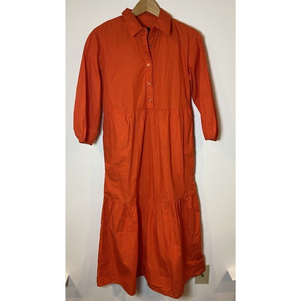 NWT Quince Tiered Maxi Dress Collar Long Sleeve Organic Cotton Orange XS New